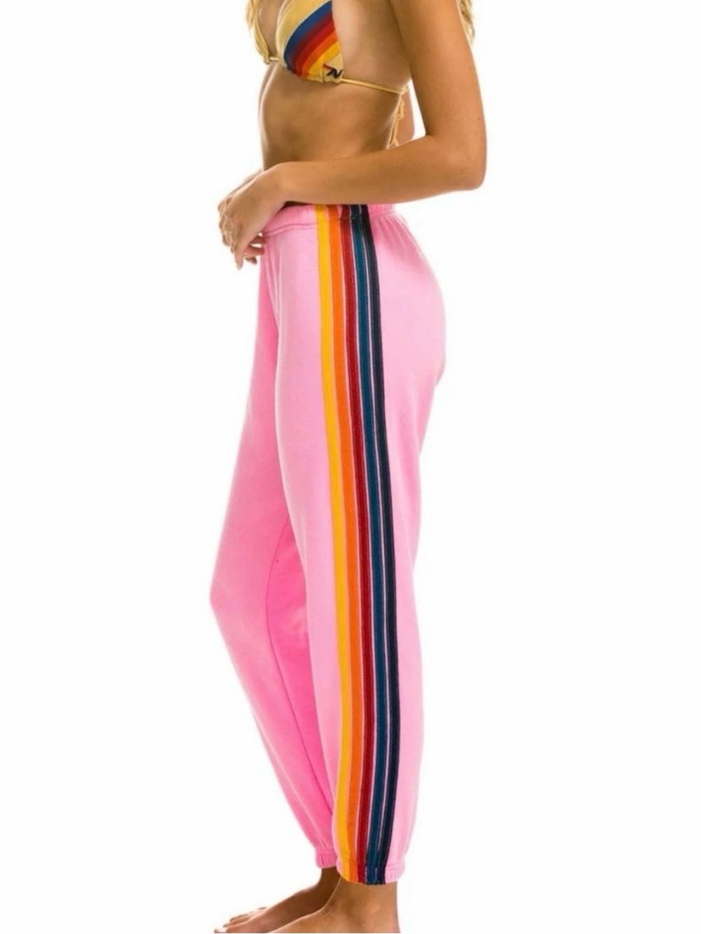 Aviator Nation Pink Track Pants with Rainbow Side Stripes